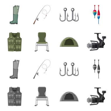 Balık ve balık tutma işareti vektör tasarımı. Balık topluluğu ve hisse senedi için ekipman vektör simgesi.