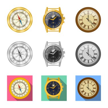 Saat ve saat işareti illüstrasyon vektör. Saat ve daire hisse senedi vektör çizim topluluğu.