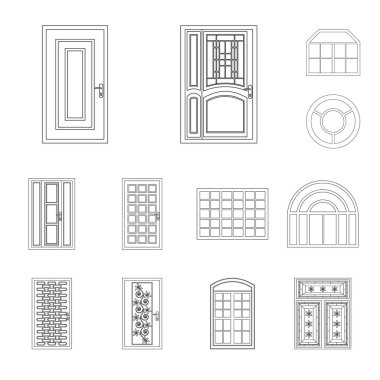 Kapı ve ön simge vektör tasarımı. Kapı ve hisse senedi için ahşap vektör simge kümesi.