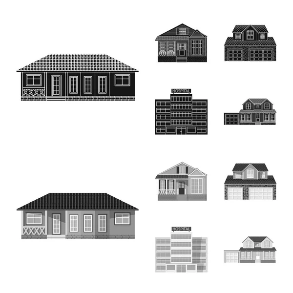 Conception vectorielle du bâtiment et logo avant. Ensemble d'illustration vectorielle de bâtiments et de toitures . — Image vectorielle
