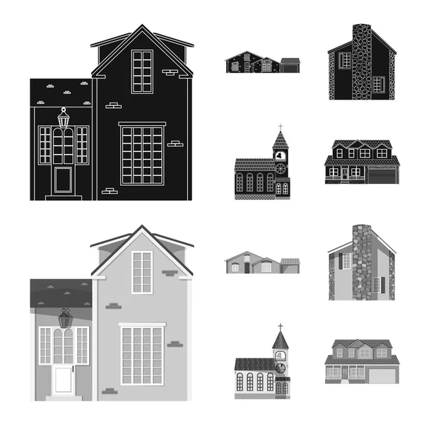 Vektorillustration des Gebäudes und des vorderen Logos. Set von Vektor-Abbildungen für Gebäude und Dach. — Stockvektor
