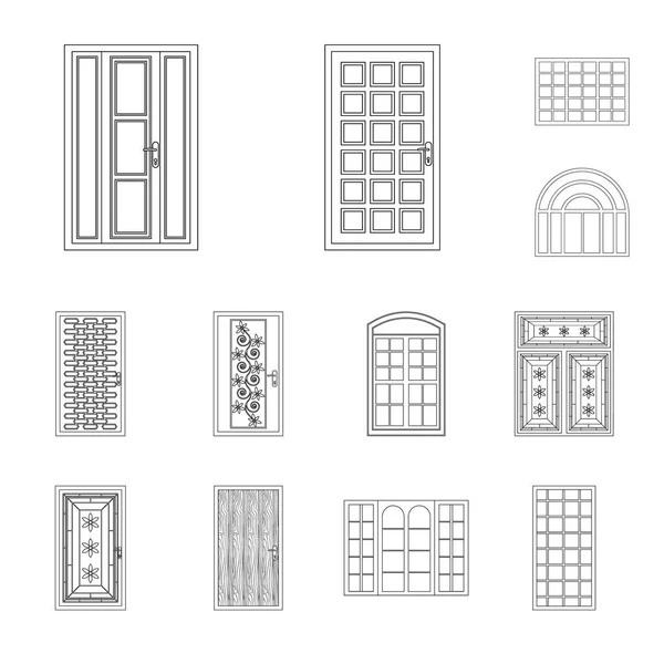 Ilustración vectorial de la puerta y el cartel frontal. Conjunto de puerta y símbolo de madera para web . — Vector de stock