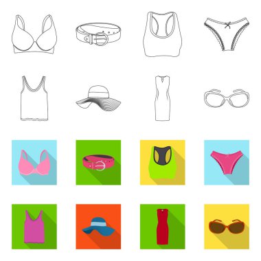 Kadın ve giyim logo vektör çizimi. Kadın ayarla ve web için hisse senedi simgesi giymek.