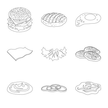 Burger ve sandviç işareti yalıtılmış nesne. Burger ve dilim hisse senedi vektör çizim seti.