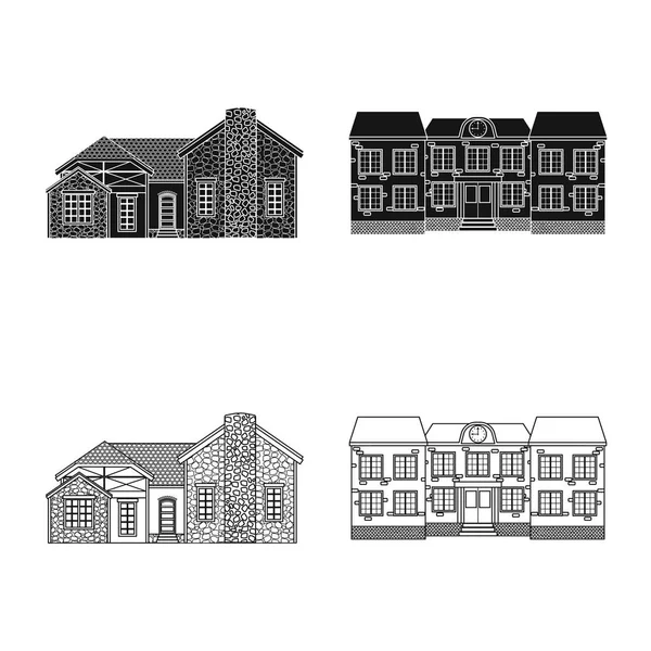 건물 앞의 고립 된 개체 로고. 웹에 대 한 건물 및 지붕 주식 기호 집합. — 스톡 벡터