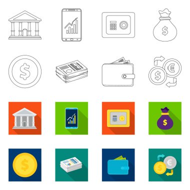 Banka ve para simgesinin yalıtılmış nesne. Hisse senedi için banka ve bill vektör simge topluluğu.