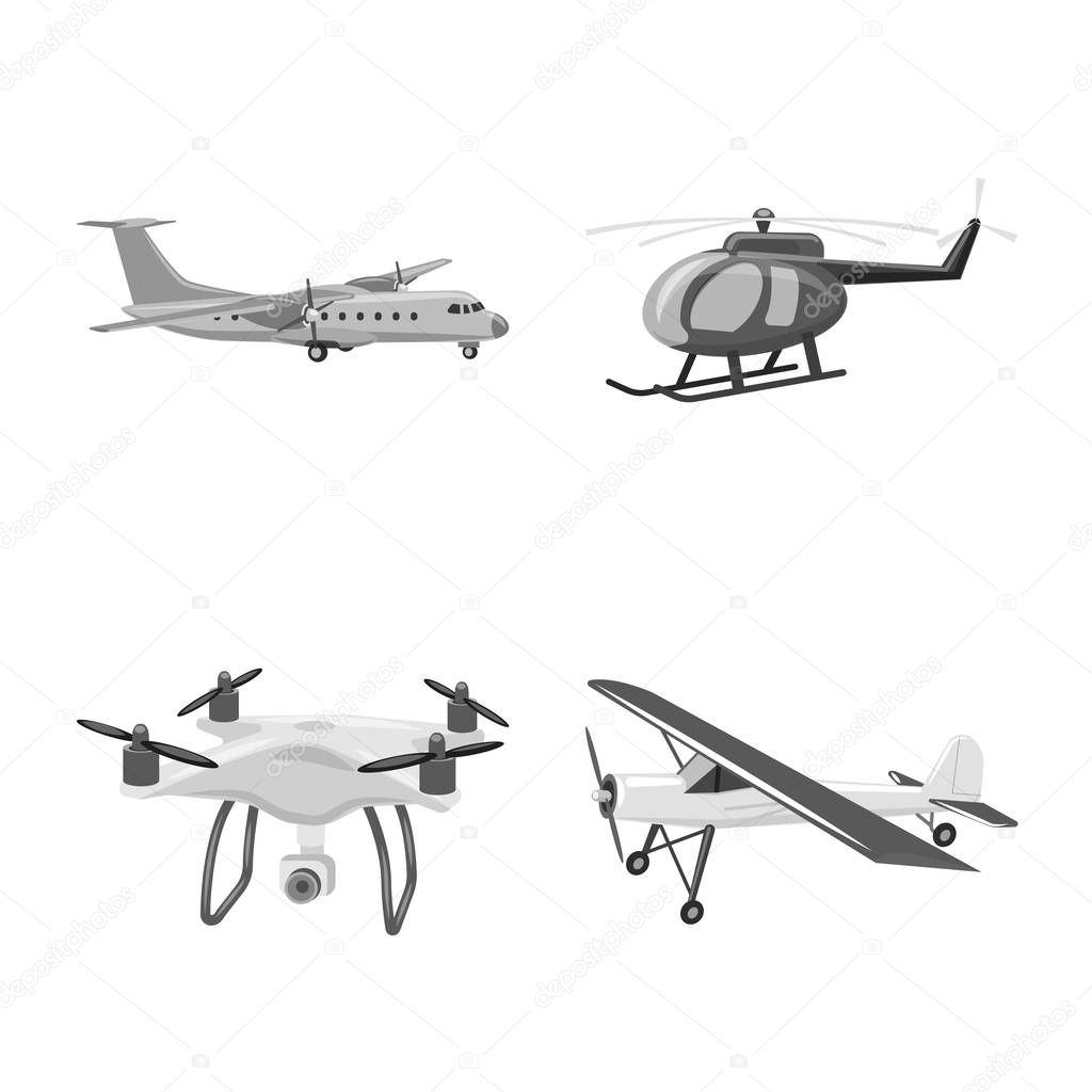 Vector illustration of plane and transport icon. Set of plane and sky stock vector illustration.