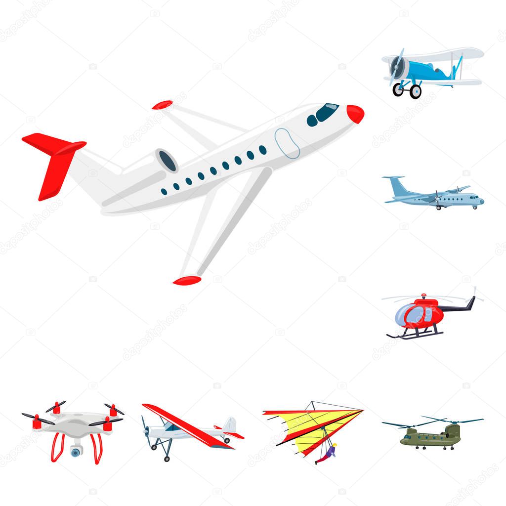 Isolated object of plane and transport symbol. Set of plane and sky vector icon for stock.