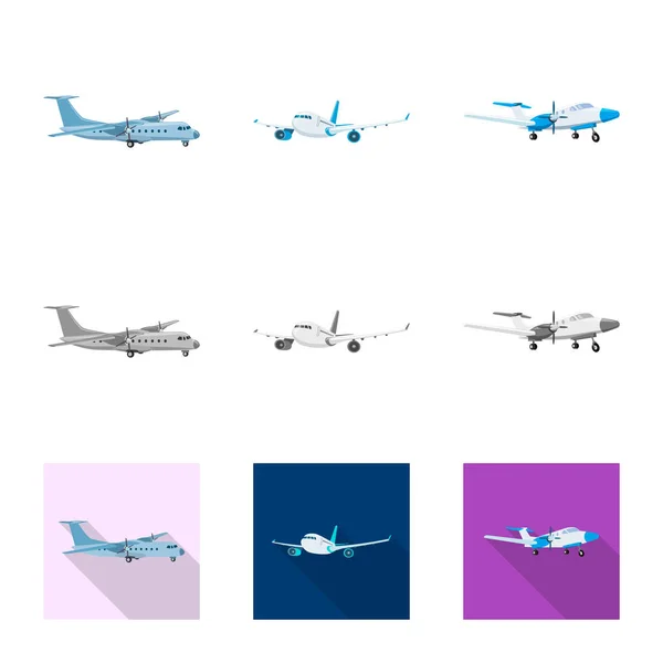 Projeto vetorial de avião e sinal de transporte. Coleção de plano e céu estoque vetor ilustração . — Vetor de Stock