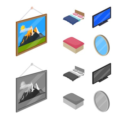 Yatak odası ve oda işareti yalıtılmış nesne. Hisse senedi için yatak ve mobilya vektör simge kümesi.