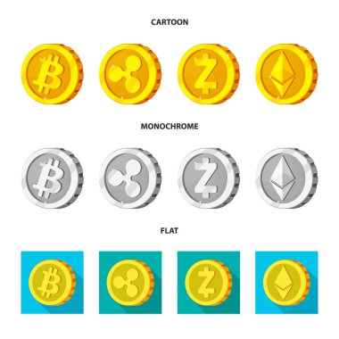 Cryptocurrency ve sikke simge yalıtılmış nesne. Cryptocurrency ve kripto hisse senedi vektör çizim.