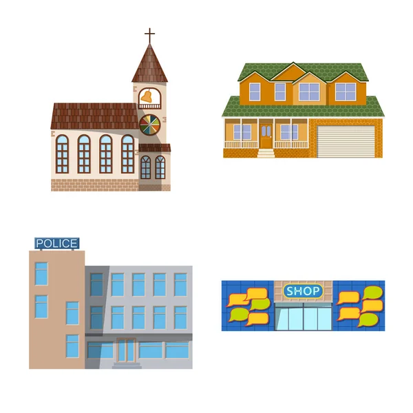 Ilustración vectorial de edificio y cartel frontal. Colección de ilustración de vectores de edificios y techos . — Vector de stock