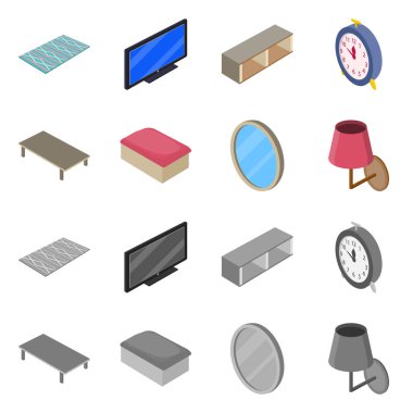 Yatak odası ve oda simge yalıtılmış nesne. Yatak ve mobilya hisse senedi vektör çizim seti.