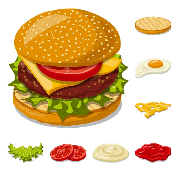 Vektor design av hamburgare och smörgås tecken. Samling av burgare och skiva lager vektorillustration. — Stock vektor