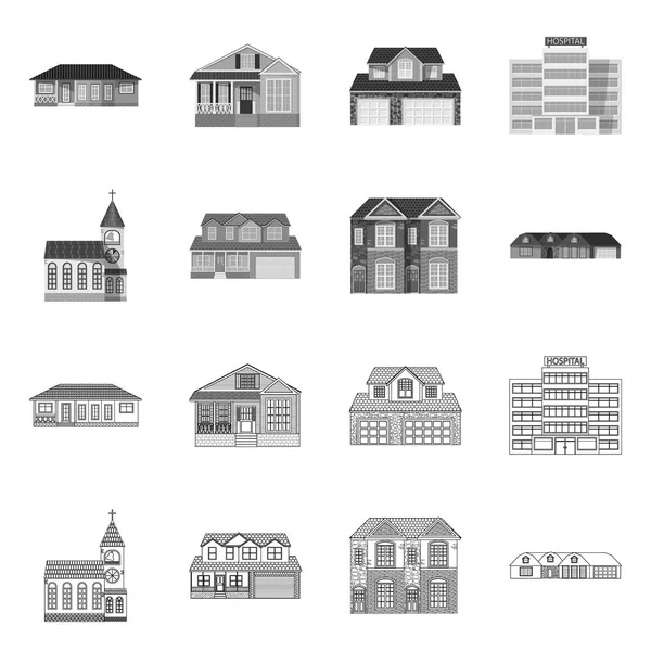 Vektorillustration des Gebäudes und des vorderen Logos. Sammlung von Bau- und Dachvektorsymbolen für Aktien. — Stockvektor