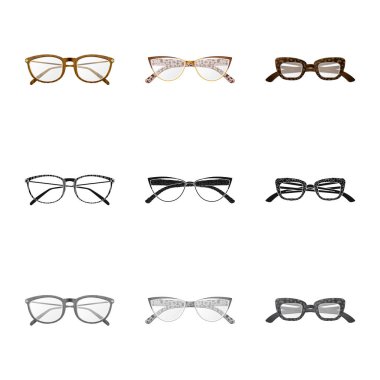 Gözlük illüstrasyon vektör ve işareti çerçeve. Web için hisse senedi sembolü gözlük ve aksesuar koleksiyonu.