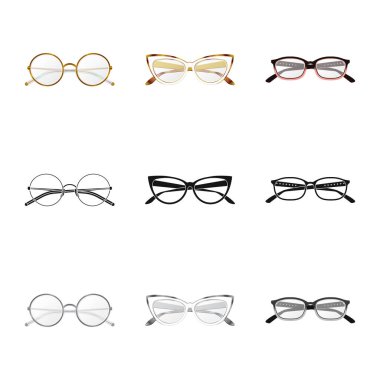 Gözlük illüstrasyon vektör ve işareti çerçeve. Gözlük ve hisse senedi için aksesuar vektör ikon koleksiyonu.