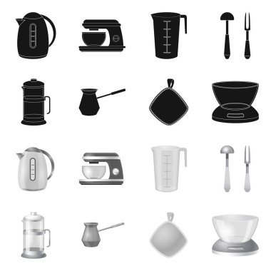 Mutfak ve yemek simge vektör tasarımı. Hisse senedi için mutfak ve cihazı vektör simge kümesi.