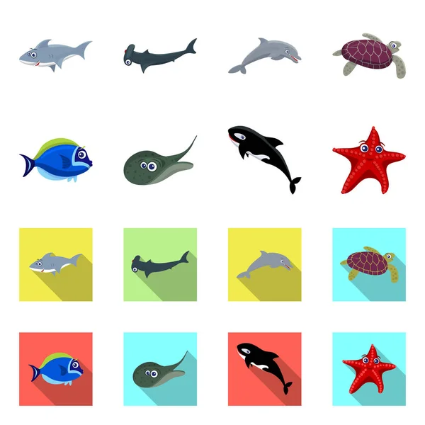 Objet isolé du logo de la mer et de l'animal. Ensemble de symbole de stock marin et marin pour la toile . — Image vectorielle