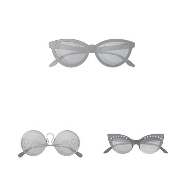 Gözlük ve güneş gözlüğü logosu yalıtılmış nesne. Gözlük ve hisse senedi için aksesuar vektör simge kümesi.