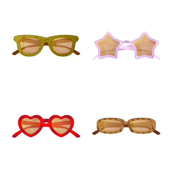 Design vettoriale degli occhiali e logo degli occhiali da sole. Set di bicchieri e accessori stock symbol per web . — Vettoriale Stock