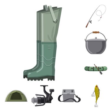 Balık ve balık tutma simge vektör Illustration. Balık ve ekipman hisse senedi vektör çizim topluluğu.