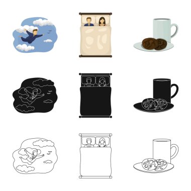 Rüyalar ve gece sembolü yalıtılmış nesne. Rüyalar ve hisse senedi için yatak odası vektör simge kümesi.