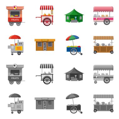 Piyasa ve dış simge vektör tasarımı. Market ve gıda hisse senedi vektör çizim seti.