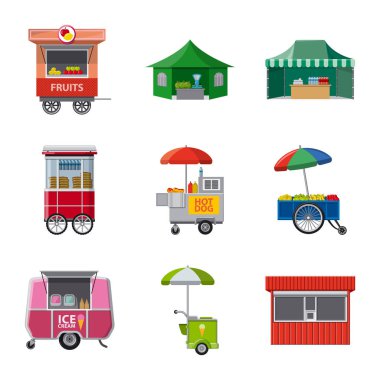 Piyasa ve dış logo yalıtılmış nesne. Hisse senedi için Pazar ve gıda vektör simge kümesi.