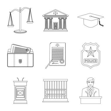 Hukuk ve avukat logosu yalıtılmış nesne. Hukuk ve adalet hisse senedi vektör çizim topluluğu.