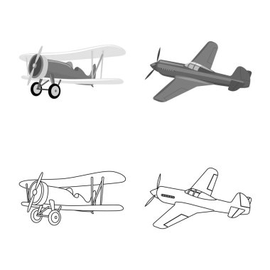 Uçak ve taşıma logosu yalıtılmış nesne. Uçak ve gökyüzü hisse senedi vektör çizim seti.
