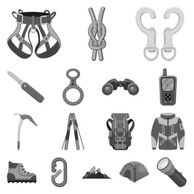 Dağcılık ve tepe simge vektör tasarımı. Dağcılık ve kamp kümesi web için hisse senedi simgesi.