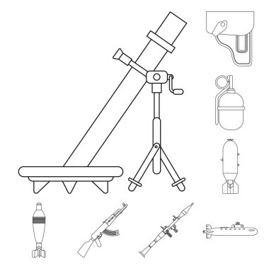 Silah ve silah simge vektör tasarımı. Hisse senedi için silah ve ordu vektör simge kümesi.