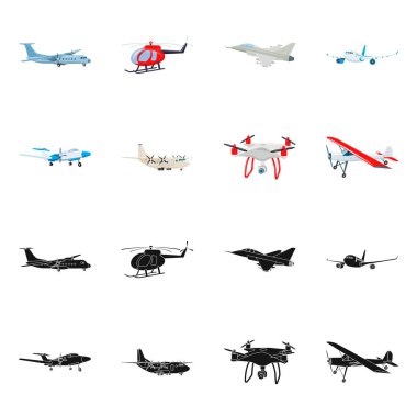 Uçak ve taşıma logo vektör Illustration. Web için uçak ve gökyüzü hisse senedi simgesi kümesi.