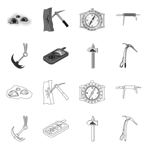 Изолированный объект альпинизма и знак пика. Коллекция символов альпинизма и кемпинга для паутины . — стоковый вектор