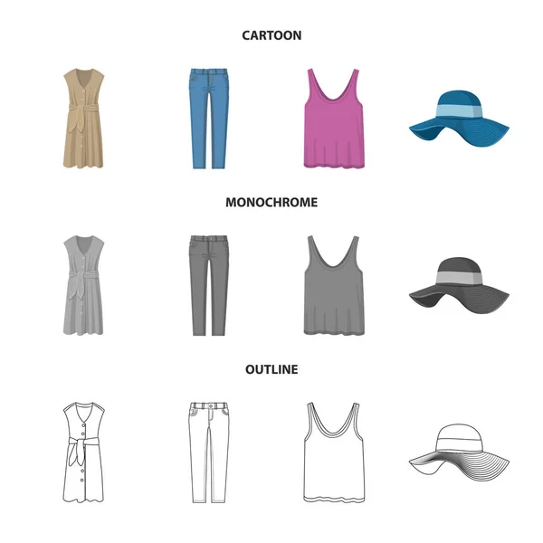 Ilustración vectorial del signo de la mujer y la ropa. Conjunto de ilustración vectorial mujer y desgaste . — Vector de stock