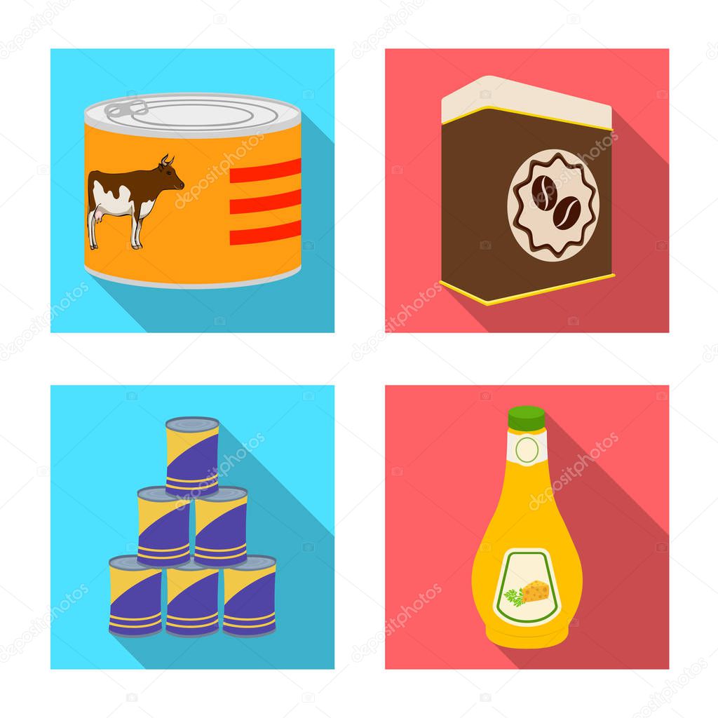 Vector illustration of can and food symbol. Collection of can and package stock vector illustration.
