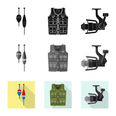 Balık ve balık tutma simge vektör tasarımı. Balık ve ekipman hisse senedi vektör çizim topluluğu.