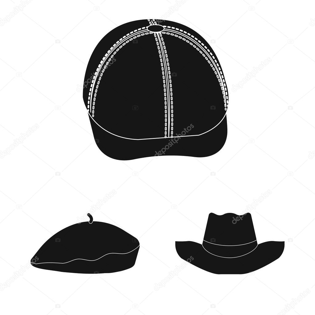 Vector illustration of headgear and cap symbol. Collection of headgear and accessory stock symbol for web.