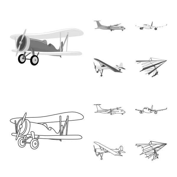 Vektorillustration des Flugzeugs und des Transportsymbols. Sammlung von Flugzeug- und Himmelssymbol für das Web. — Stockvektor