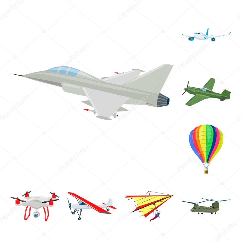 Vector illustration of plane and transport logo. Collection of plane and sky vector icon for stock.