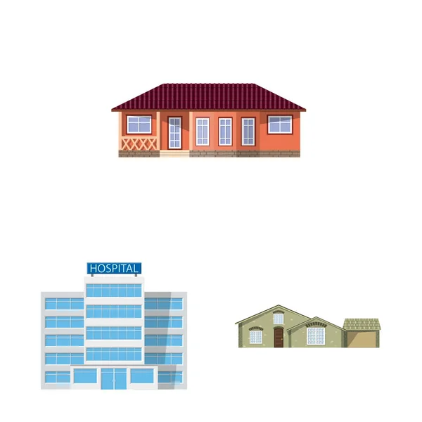 Vector illustratie van gebouw en teken de voorkant. Set van gebouw en dak voorraad vectorillustratie. — Stockvector