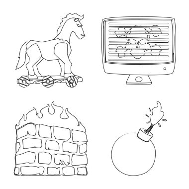 Virüs ve güvenli logo vektör tasarımı. Virüs ve siber hisse senedi vektör çizim seti.