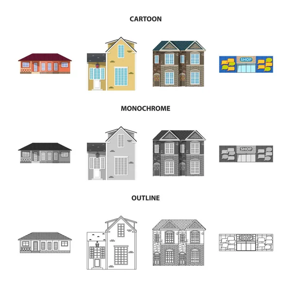 Wektor ilustracja budynku i przodu logo. Zestaw budynku i dachu wektor ikona na magazynie. — Wektor stockowy