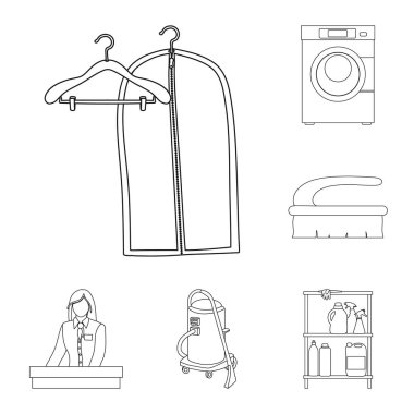 Çamaşırhane ve temiz simge vektör çizimi. Çamaşır ve giysi hisse senedi vektör çizim topluluğu.