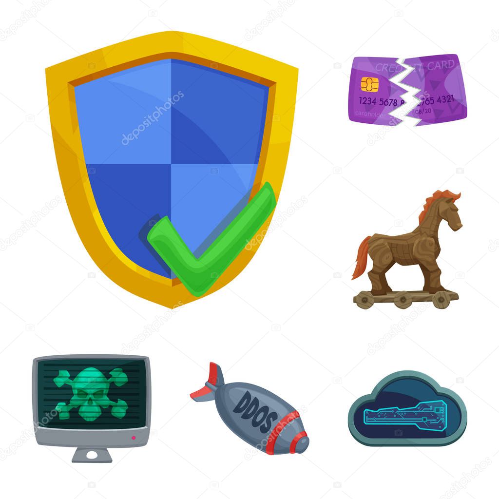 Vector illustration of virus and secure symbol. Collection of virus and cyber stock symbol for web.