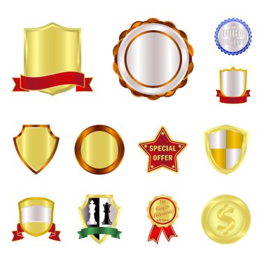 Amblem ve rozet logosu yalıtılmış nesne. Hisse senedi için amblem ve etiket vektör simge kümesi.