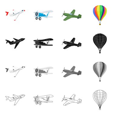 Uçak ve taşıma simge vektör tasarımı. Web için uçak ve gökyüzü hisse senedi simgesi kümesi.