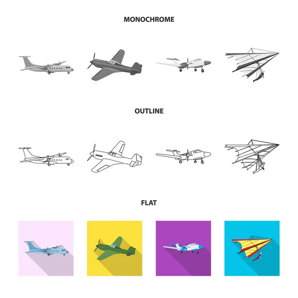 Vektorillustration von Flugzeug und Verkehrszeichen. Sammlung von Flugzeug- und Himmelssymbol für das Web. — Stockvektor