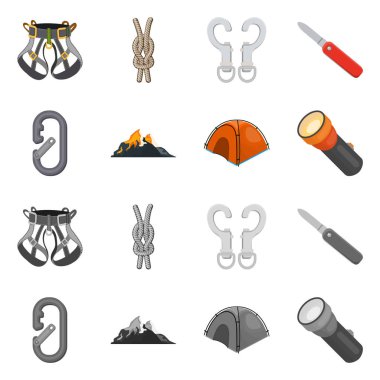 Dağcılık ve tepe simge vektör tasarımı. Dağcılık ve kamp set vektör simge stok için.